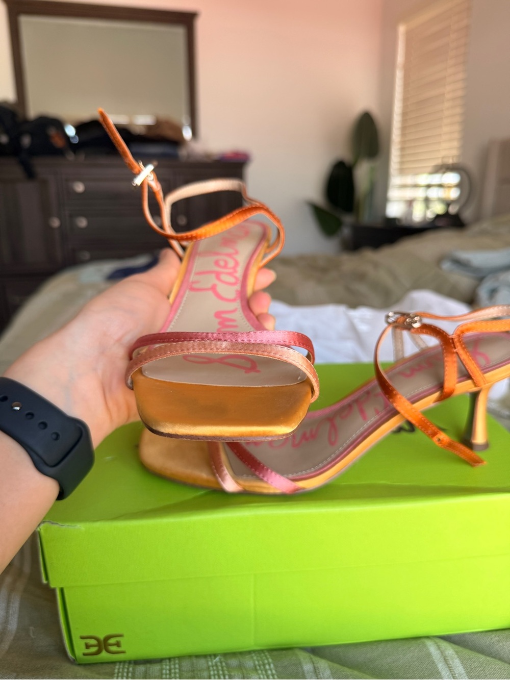 Sam Edelman Presley satin Ankle Strap Kitten heels Pink/Orange - Picture 4 of 9